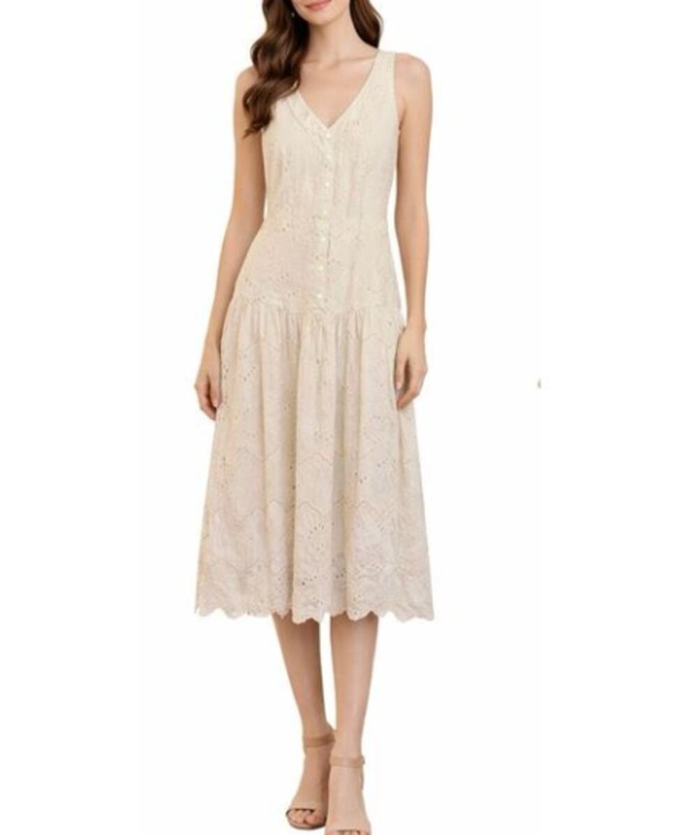 House of Harlow 1960 Cotton Eyelet Drop Waist Midi Dress - Cream / Ivory Sz 6/8